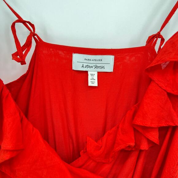 & Other Stories Red Romantic Flirty Ruffle Wrap Midi Dress Women's 2 Cocktail - Picture 7 of 11